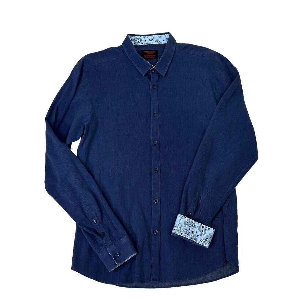 Jared Lang Shirt Mens XL Navy Button Down Paisley Flip Cuff Print  Long Sleeve